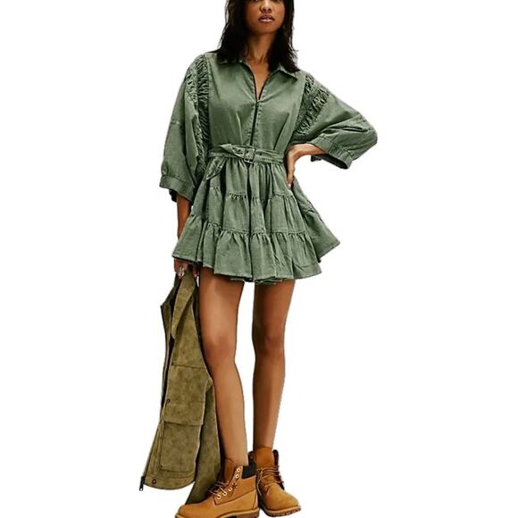 Free People Hampton Belted Mini Dress Crystal Kelp Cotton Size Medium NWOT Chic - Picture 1 of 16